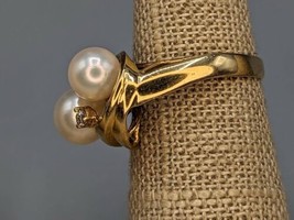 14k Solid Yellow Gold Beautiful Double Pearl &amp; Diamond Accent Ring Size 5.25 - £273.02 GBP