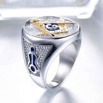 Masonic Harley Biker Freemason Illuminati Golden Blue Silver Plated 7-13 Ring - £13.65 GBP