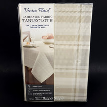Venice Plaid Laminated Fabric Tablecloth 60x104&quot; Beige Wipes Clean Resis... - $32.57