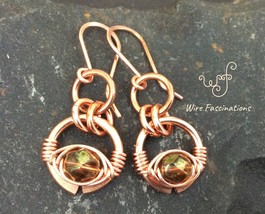 Handmade copper earrings: circle herringbone wire wrap amber Czech glass... - £23.98 GBP