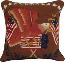 Throw Pillow Petit Point Eagle and Flag 16x16 Taupe Blue Gold Red White Beige - £183.62 GBP