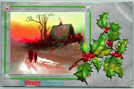 A Merry Christmas Foiled Holly Cabin Scene Embossed DB Postcard H4 - $6.88