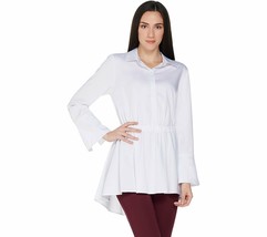 Du Jour Long Sleeve HiLow Hem Woven Blouse w Slit Cuffs White Size Medium - £7.44 GBP