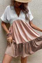 Light French Beige Triple Colors V Neck Folded Cuffs Tiered Loose Dress - $247.64 MXN