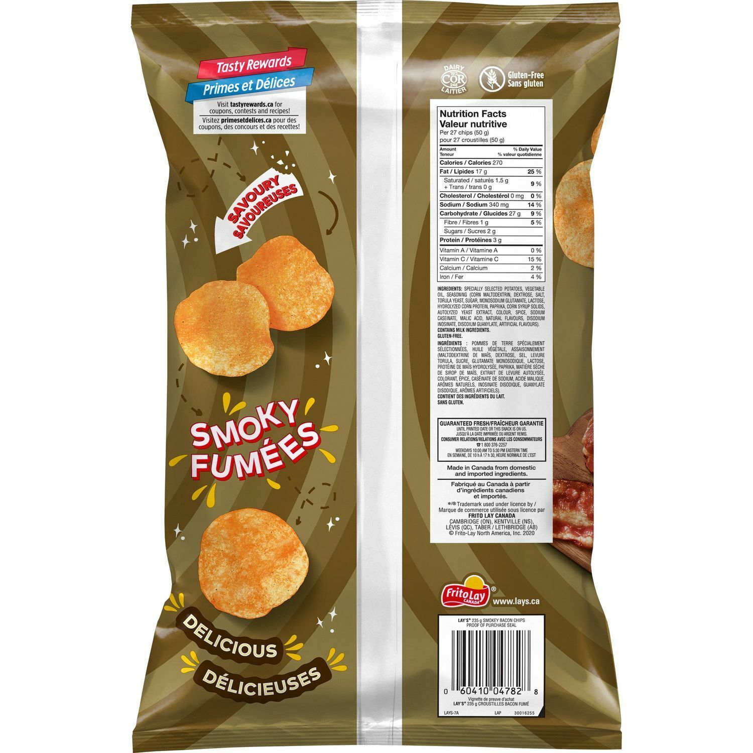 Primary image for 2 Family Size Bags Lay's Smokey Bacon Potato Chips 235g Each-Canada -Free SHIP.