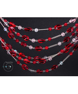 extra-long boho necklace, red, pink and white, handmade in USA, ooak - $37.00