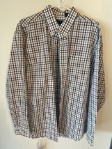 Mens Button Up Shirt Long Sleeve Blue White Brown Plaid by Arrow - $14.96