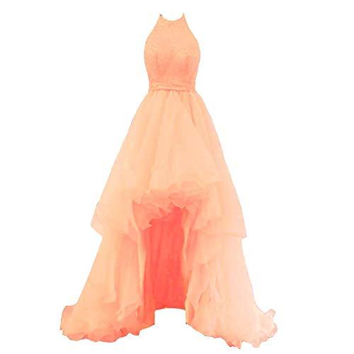 Plus Size Beaded Halter High Low Organza Formal Homecoming Prom Dress Peach 20W