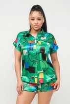 Women&#39;s Satin Dolman Print Button Down Top And Shorts Set - $694.83 MXN