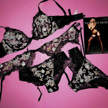 Victoria&#39;s Secret 32D,32DD,34DD BRA SET+garter BLACK floral applique embroidered - £110.52 GBP