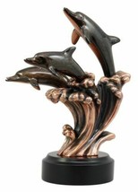 Bronze Electroplated Three Bottlenose Dolphins Riding Over Ocean Waves S... - £47.17 GBP