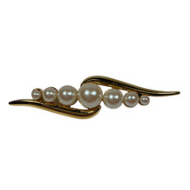 Vintage Monet Brooch Gold Tone Faux Pearl Bar Pin 2.5” - £8.80 GBP