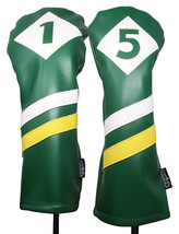 Majek Retro Golf 1 &amp; 5 Driver &amp; Wood Headcover Green White Yellow Leather Style - £20.88 GBP