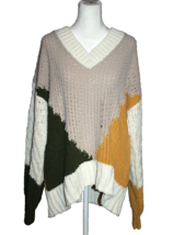 BKE Oversized Sweater Tan White Green Mustard Women&#39;s V-Neck Size Medium... - £21.50 GBP