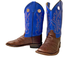 OLD WEST Unisex Boots Blue Brown Leather Top Stitching Square Toe Size 7.5- 8 - £40.95 GBP