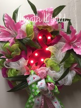 NEW HANDMADE TROPICAL FLORAL PINK FLAMINGO WREATH WITH LIGHTS - $74.49