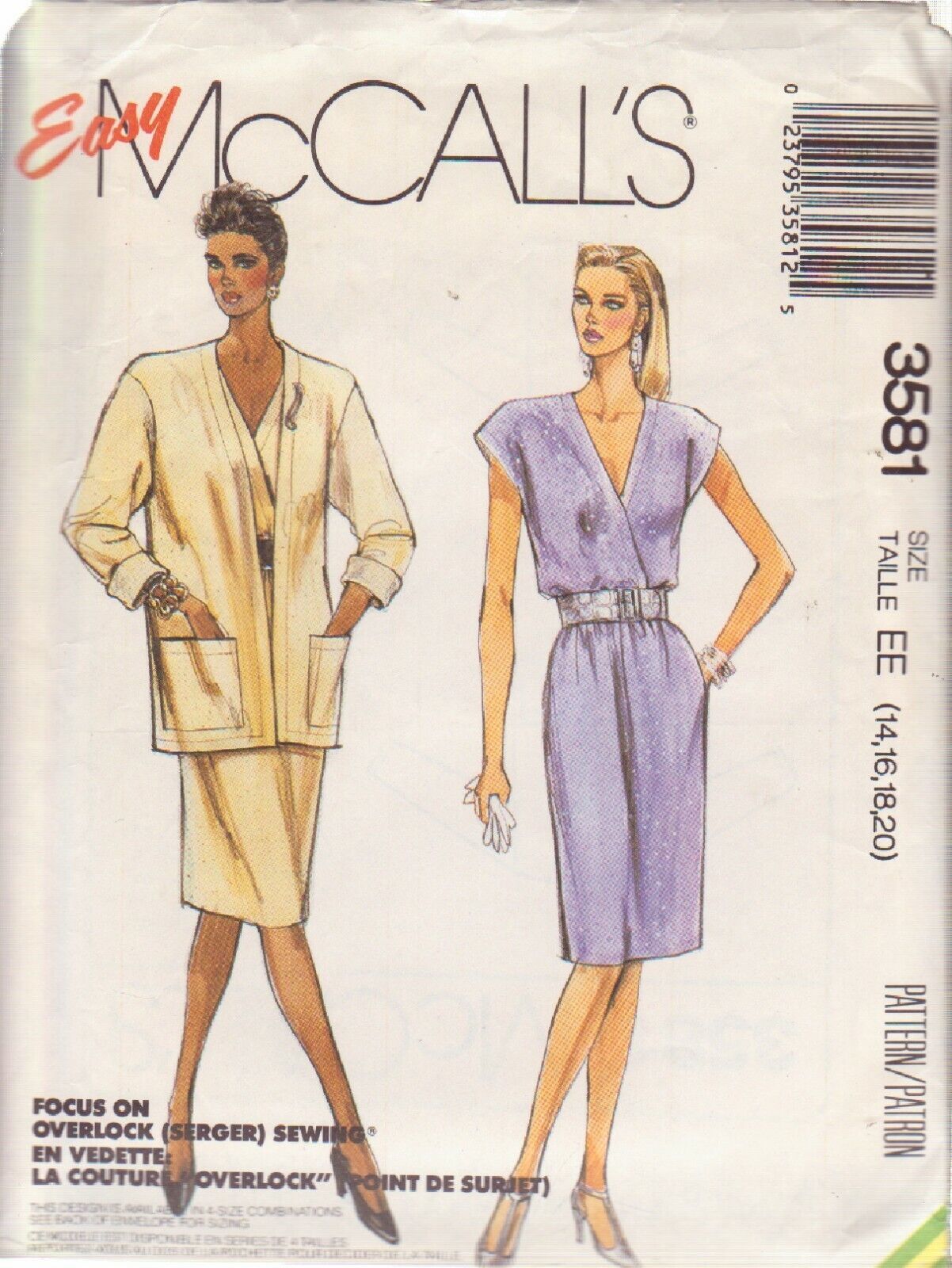 McCALL'S PATTERN 3581 SIZES 14/16/18/20 MISSES' UNLINED JACKET & DRESS - $3.00