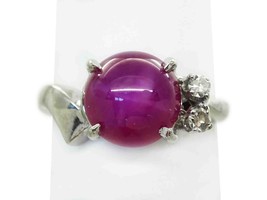 Vintage Lab-Created Lindy Star Ruby &amp; Natural Diamond Ring 14k White Gold Sz 3.5 - £2,398.06 GBP