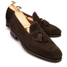 Dark Brown Tassel Loafer Shoes Rounded Apron Toe Suede Premium Quality Leather - £108.71 GBP