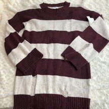 Abound Womens Sz XS Distressed Sweater Striped Burgundy Cream Long Sleeve  - £10.88 GBP