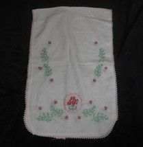 Vintage Dresser Scarf Table Runner Embroidery Cross Stitch Red Flowers Leafs - £11.35 GBP