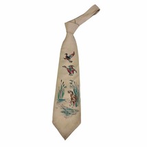 40s VTG Pilgrim Rayon Cravats Wide Neck Tie Tan Hunting Dog Duck Scene  - $730.68 MXN