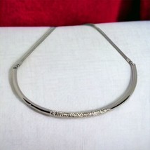 Signed Chico&#39;s Curved Bar Necklace Clustered Clear Rhinestones Silver Tone 16&quot;+ - £11.09 GBP