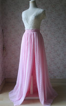 Pink Maxi High Split Tulle Skirt Pink Polka Dot One Side Split Tulle Tutu Skirt  image 2