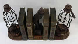 3 pc Bookend Set: Curious Cat &amp; Birds In Birdcage w/Book ▪ Antique Bronze Finish - £39.33 GBP