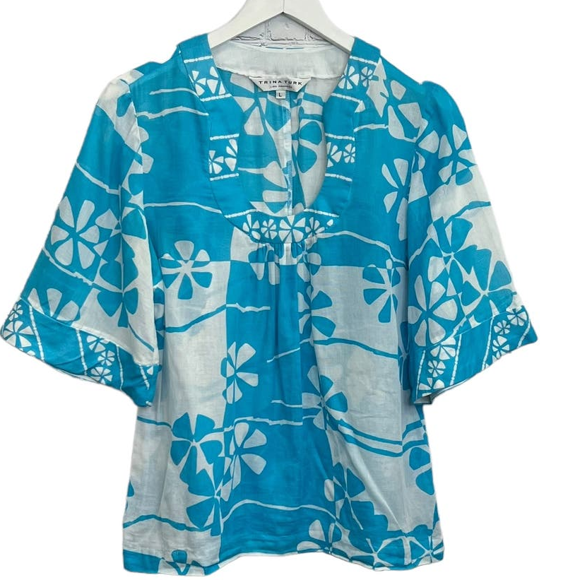 Primary image for Trina Turk Floral Top Turquoise Blue White Size L Half Sleeve 100% Cotton