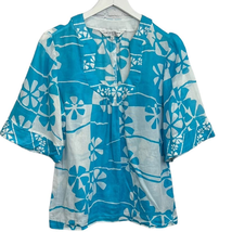 Trina Turk Floral Top Turquoise Blue White Size L Half Sleeve 100% Cotton - £34.72 GBP
