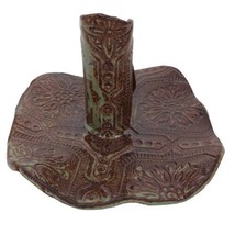 Pottery Glaze Rolled Stamped Floral Single Candlestick Candle Holder Bro... - $18.69