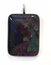 Colorful Dichroic Glass Necklace Pendant Oblong Rainbow of Colors &amp; Black 2&quot; - £9.37 GBP