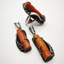 Artwork Vintage Women's Set Earrings Ring 925 Sterling Silver Coral Jewelry - $380.00