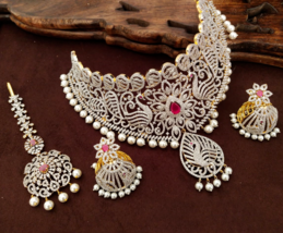 Indian Bollywood Style Gold Plated Bridal CZ Choker Necklace Tikka Jewelry Set - £144.27 GBP