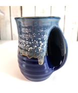 Hand Warmer Mug Blue Ceramic Pottery Right-Handed Glazed Art Cup 12oz Ha... - $12.86
