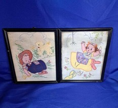 Vintage 1950&#39;s Needlepoint Glass Framed Little Miss Muffet &amp; Little Bo Peep VP - £63.50 GBP