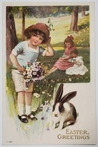 Easter Greetings Bunny Rabbit Girls Field Flowers Boy Bouquet Emb Postcard X5 - £5.55 GBP