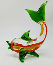 Fish Figurine With Tail Up Colorful Hand Blown Vintage - $18.95