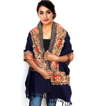 Women Aari Kashmir Stole Multi Color Flower Embroidered Wool Shawl Cashmere - £62.16 GBP