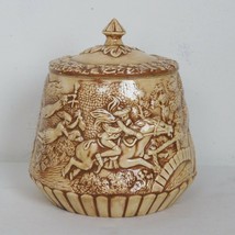 Handpainted Art Pottery Ceramic Jar Lid Tavern Scene Horse Rider Brown Detailed - £23.27 GBP