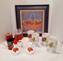 Odd Lot VTG Strawberry Theme Kitchen Assortment Decanter Candles Mugs Framed Art - £30.49 GBP