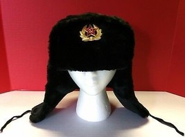 Russian Military Fur Ushanka Trapper Flap Hat w Soviet Sickle Badge Pin ... - £31.46 GBP