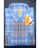 HUGO BOSS Homme Edoslime Slim Fit Ouvert Bleu Carreaux Flanelle Coton Sp... - $56.11