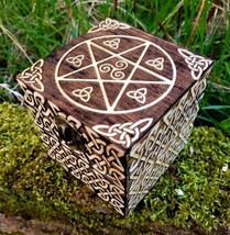 Handmade engraved wooden jewellery box Pagan Pentagram Witch Viking Tarot Wicca  - £28.81 GBP