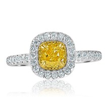 GIA Certified 1.18 Ct Cushion Natural Fancy Yellow Diamond Ring 18k White Gold - £3,113.19 GBP