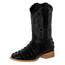 Mens Black Cowboy Boots Real Leather Pattern Crocodile Tail Western Square Toe - £87.10 GBP