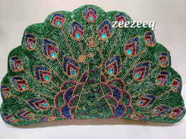 Christmas Peacock Feathers Beaded Throw Pillow Blue Green Home Decor NEW 10x16&quot; - £37.46 GBP
