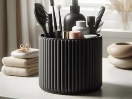Fluted Ribbed Storage Caddy Pot Organizer Black Modern Bathroom Utensil ... - $14.70