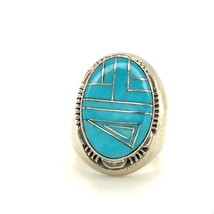 Vintage Sterling Signed Philipines Inlay Turquoise Stone Oval Dome Ring sz 8 1/4 - £51.42 GBP